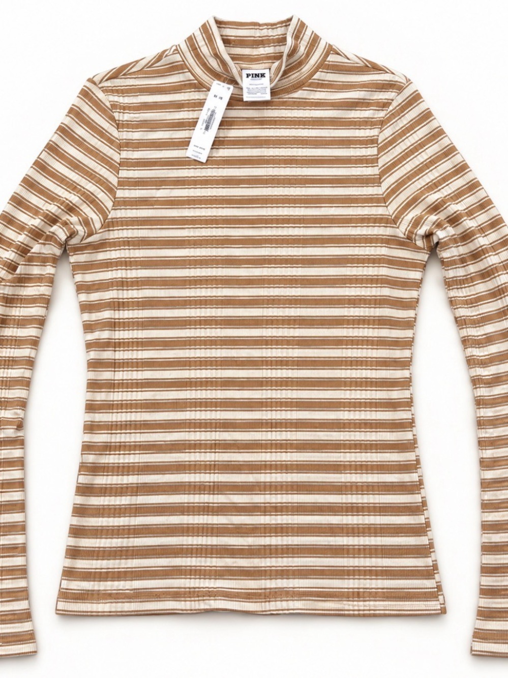 PINK Victoria's Secret Striped Long Sleeve Mock Neck Top in Tan and White